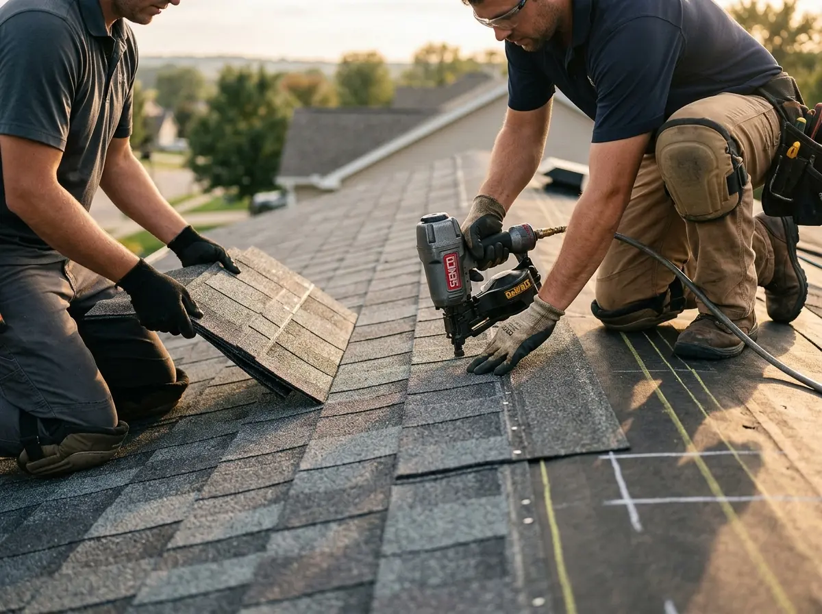 Professional roofer working on a residential roof in Conewago